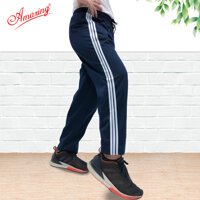 Quần thể dục 3 sọc cho nữ, đồ thể thao nam nữ các cấp, vải thun cotton, thương hiệu Amazing - Xanh đen - Số 3