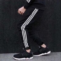 Quần thể thao 3 sọc nam nữ  hình thật  , quần jogger nỉ nam 3 sọc, quần jogger thun, quần thể thao nam, quần nỉ nam - Đen sọc đỏ,Freesize 45-70kg