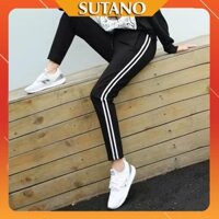 Quần thể thao nữ jogger dài- quần thể dục học sinh phong cách chất cotton co dãn màu đen 2 sọc trắng Q446