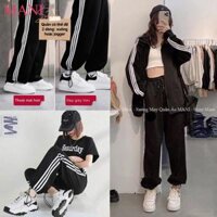 Quần thể thao ống rộng nữ viền kẻ 3 sọc trắng có dây rút gấu chất vải Umi Quần jogger ống rộng nữ mặc đi học thể dục - MN635Đen ko rút gấu,XL