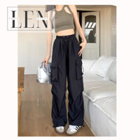 Quần túi hộp nữ rút gấu, quần túi hộp quần cargo pants ống rộng phối vải kaki gió phối dây rút eo