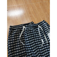 quần vải kẻ dáng baggy MÃ 014 ngắn cho nấm lùn cạp chun lưng cao