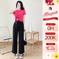 Quần vải nữ Twentyfive ống suông rộng dài cạp cao tôn dáng ly, túi chéo vải lụa gân ít nhăn 4824