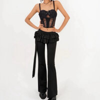 Quấn váy đính nơ / Quần dài ống loe Unnie quần váy xòe tầng có nơ dài , quần loe cạp thấp quây bèo egril y2k