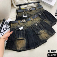 Quần váy Jean nữ xếp ly, quần đùi giả váy lưng cao dáng xếp ly xòe