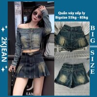 Quần váy Jean nữ xếp ly bigsize từ 55-85kg, quần đùi giả váy lưng cao dáng chữ a 2KJean MS2037