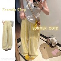 Quần Y2K kiểm tra chấm bi màu vàng  ✨quần ống rộng dáng mỏng, cạp cao