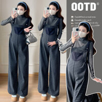 Quần yếm bà bầu mùa đông 2024 Dệt kim ca rô màu sắc phù hợp với phụ nữ mang thai thon gọn hơn Nhìn phù hợp với hai-