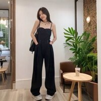 Quần yếm bò cổ điển áo liền quần hai dây ỐNg RộNg tôn dáng gầy rộng rãi cạp cao mùa hè 2024 nữ