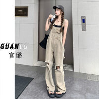 Quần yếm bò quần dài rách ống rộng cạp cao cổ điển cho nữ áo liền quần đi làm ống đứng rộng rãi thân hình nhỏ Xuân Hè