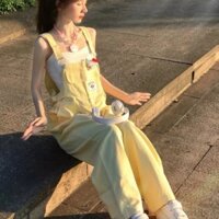 Quần yếm bò Quần yếm nữ mùa hè 2024 mẫu mới dopamine mặc phối phối màu vàng kem cạp cao cạp cao ống đứng quần liền