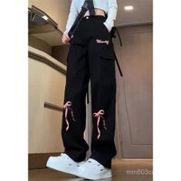 Quần yếm cao cấp kiểu Mỹ quần ống rộng ống đứng tôn dáng gầy cạp cao in nơ thời trang màu đen cho nữ