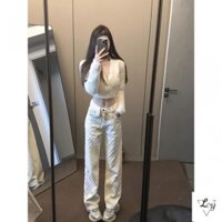 Quần Yếm Jean Dài Ống Rộng Phong Cách retro Thời Trang Cho Nữ