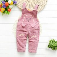 Quần yếm jean nhung gân Gấu Love QB035-hồng bé trai gái 1-5T hàng QC cao cấp
