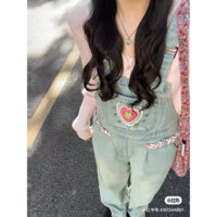 Quần yếm jean nữ dáng suông hoạ tiết trái tim thêu kiểu dáng Hàn Quốc thời trang nữ