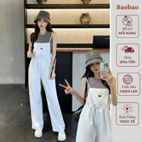 Quần yếm jean nữ màu trắng form rộng, quần bò yếm nữ bigsize dáng dài, jum yếm jean nữ dài B557