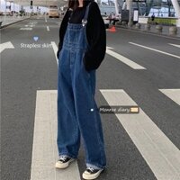 Quần Yếm Jean Nữ Màu Xanh Đậm Ống Suông Rộng Dài, Yếm Bò Basic Phong Cách Ulzzang Vintage. Yếm jean phong cách hàn quốc