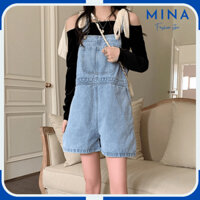 Quần Yếm Jean Nữ Ngắn Dáng Rộng Phối Túi Trước Ngực 2 Dây Cao Cấp MinaFashion Chất Denim Dày Dặn Phong Cách Hàn Quốc