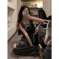 Quần yếm jean nữ rách gối cạp cao ống rộng, quần yếm bò nữ rách gối turua phong cách Hàn Quốc 0275