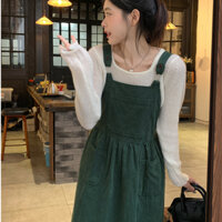 Quần yếm nhung 2 dây phong cách vintage, váy nhung maxi dáng rộng phối áo len mỏng Hàn Quốc 9526