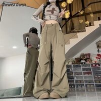 Quần yếm nữ dáng rộng lưng cao giảm béo thẳng ống rộng kiểu Mỹ Retro Quần thời trang