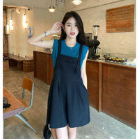 Quần yếm nữ dáng short, vải thô mềm túi ngực, xếp ly to bản, dây đeo vai có thể điều chỉnh độ dài