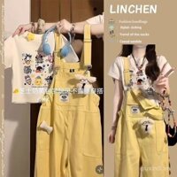 Quần yếm phong cách dopamine Mỹ cho nữ sinh, bộ đồ jumpsuit rộng rãi mùa xuân hè mới, quần ống rộng