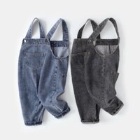 Quần yếm trẻ em Denim Suspender Quần Bé Trai Bé Gái Quần Jean Đáy Quần Áo Phong Cách Hàn Quốc