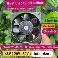 quạt 48v ( 24v ~ 60v ), quạt 13.5cm x 13.5cm x 3.8cm tháo tủ điện Nhật, thân nhôm, 2 dây, cắm nguồn là chạy