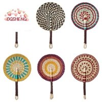 Quạt bện tay ERZAP, Quạt dệt cỏ biển họa tiết sọc đầy màu sắc Bohemian, Quạt quay tay Quạt đuôi mèo nhẹ di động tự nhiên Trường học / Văn phòng