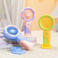 Quạt cầm tay mini để bàn, màu kem, đế bánh donut, có sạc USB