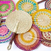 Quạt dệt cỏ biển SHANHAI, Quạt bện tay Bohemian cổ điển, Quạt quay tay nhẹ chống muỗi Họa tiết sọc đầy màu sắc Quạt làm mát mùa hè trong nhà
