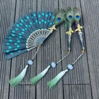 Quạt gấp lông vũ thêu tay cầm đen quạt sequin nhảy Wing Chun Hanfu phong cách cổ xưa quạt gấp biểu diễn nhảy