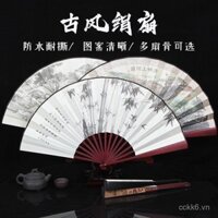 Quạt gấp nam Silk Art Hall 10inch xương đỏ ngọc bích tre, họa tiết tranh cổ điển Trung Quốc, quạt vải lụa