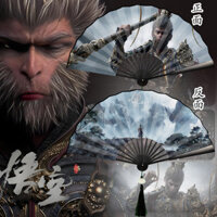Quạt gấp phong cách cổ xưa thần thoại đen Wukong, quạt cầm tay bằng vải lụa, đạo cụ chụp ảnh Hanfu