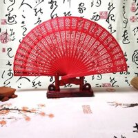Quạt gấp phong cách Trung Quốc cổ điển màu đỏ thuần khiết mùa hè, quạt gỗ đàn hương cho phụ nữ, quạt nhảy rỗng