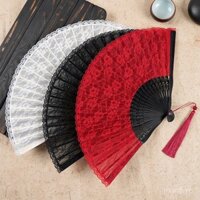 Quạt gấp viền ren thủ công bằng tre bán buôn trang phục cổ xưa Hanfu Qipao quạt nhảy cho phụ nữ quạt tre phong cách cổ điển Trung Quốc