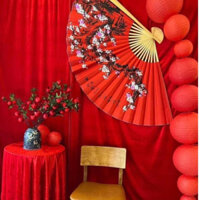 Quạt giấy treo tường Hoa Đào Cổ. Quạt hoa đào trang trí Tết, phòng cưới, phòng trà, cafe, nhà hàng.