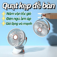 Quạt kẹp bàn mini cầm tay dung lượng 10000mAh 5 chế độ gió, quạt xoay 360° sạc có đèn ngủ
