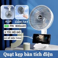 Quạt kẹp bàn tích điện xoay 360 độ Quạt tích điện để bàn ó giá đỡ điện thoại 3 tốc độ gió Quạt cầm tay và treo tường