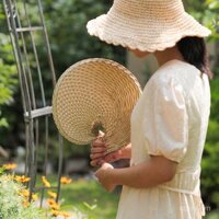 Quạt lá cọ 06YM, quạt cầm tay truyền thống thủ công, quạt cầm tay di động, phong cách cổ xưa tự nhiên