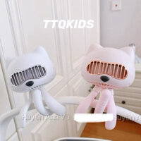 Quạt Mini Cầm Tay Hình Mèo Cute Có Thể Sạc Điện. Quạt Cho Xe Đẩy Em Bé 3 Chế Độ Gió Thông Minh