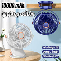 Quạt mini để bàn kẹp,dung lượng 10.000mAh,5 chế độ gió,quạt điện xoay 360 độ có đèn ngủ và pin sạc