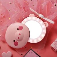 Quạt Mini, Quạt Cầm Tay Hình Con Lợn Có Gương Đèn (kèm sạc)