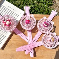 Quạt Mini Sạc USB Dạng Vòng Đeo Tay Hình Gấu / Dâu Tây Màu Hồng Dễ Thương