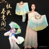 Quạt nhảy lụa nhánh niềm vui mùa xuân quạt opera nhỏ hai mặt hai màu quạt nhảy màu xanh lá vàng gradient cặp quạt lụa dài