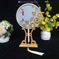 Quạt nhóm cô dâu đám cưới ZHIXAOWAN, Quạt cầm tay bằng gỗ cổ điển Trung Quốc, Túi chất liệu DIY thủ công di động có đế tua rua Đạo cụ đám cưới Quạt Phụ kiện Hanf