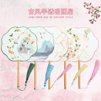 Quạt phong cách cổ điển, quạt tròn bán trong suốt với tay cầm dài, quạt múa trang phục Hanfu, quà tặng phong cách Trung Quốc siêu tiên, quạt quảng cáo không đều