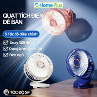 Quạt Tích Điện Mini Đế Chống Trơn Trượt, Kẹp Bàn Tích Điện, 5 Chế Độ Quạt Xoay 360 Độ