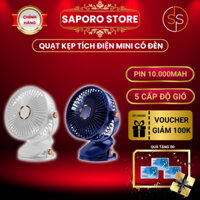 Quạt tích điện mini - Quạt kẹp bàn tích điện SAPORO đế chống trơn trượt pin 10.000mah, quạt 5 cấp độ có đèn